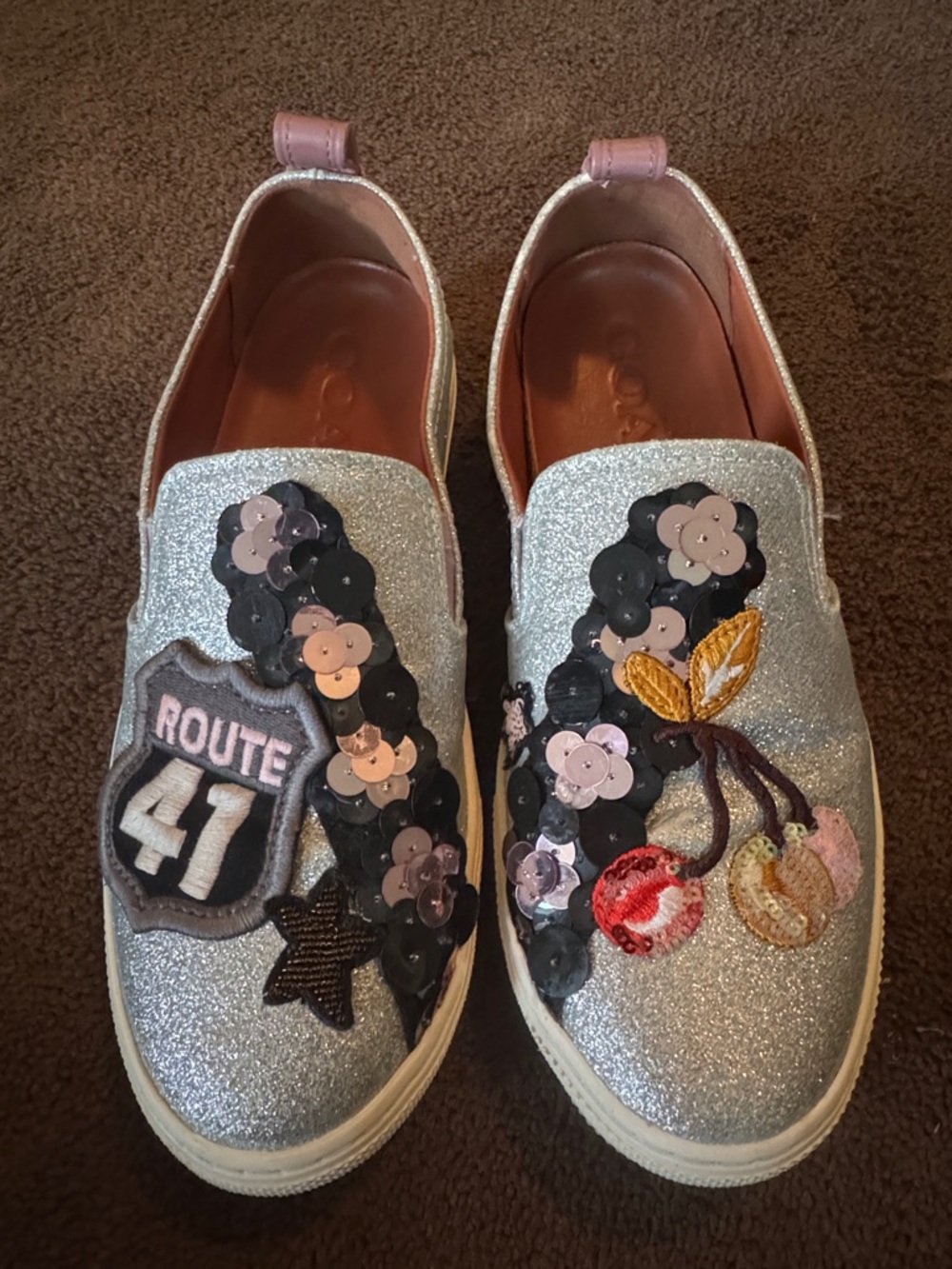 Coach Silver Glitter Sequin Embellished Slip-On Sneakers with Pink Accents